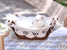 Ecru cat hammock with wooden stand for indoor cats