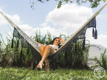 XL Deluxe Santa Clara blue and ecru cotton hammock with handmade macramé fringe