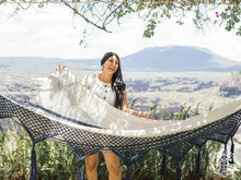 XL Deluxe Santa Clara blue and ecru cotton hammock with handmade macramé fringe