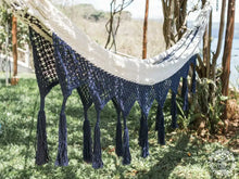 XL Deluxe Santa Clara blue and ecru cotton hammock with handmade macramé fringe