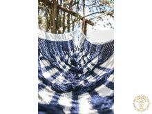 XL Deluxe Santa Clara blue and ecru cotton hammock with handmade macramé fringe