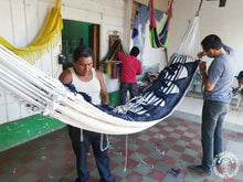 XL Deluxe Santa Clara blue and ecru cotton hammock with handmade macramé fringe