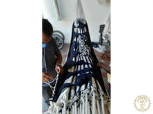 XL Deluxe Santa Clara blue and ecru cotton hammock with handmade macramé fringe