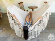 XL Deluxe Momotombo ecru cotton hammock with handmade crochet fringe