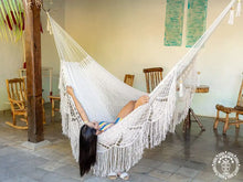 XL Deluxe Momotombo ecru cotton hammock with handmade crochet fringe