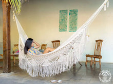XL Deluxe Momotombo ecru cotton hammock with handmade crochet fringe