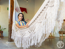 XL Deluxe Momotombo ecru cotton hammock with handmade crochet fringe
