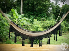 XL Deluxe Santa Clara blue and ecru cotton hammock with handmade macramé fringe