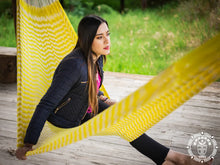 Izamal XL Mexican nylon mesh hammock in a bright yellow design