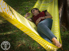Izamal XL Mexican nylon mesh hammock in a bright yellow design