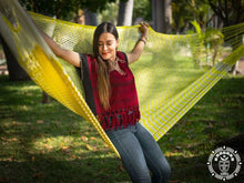 Izamal XL Mexican nylon mesh hammock in a bright yellow design