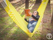 Izamal XL Mexican nylon mesh hammock in a bright yellow design
