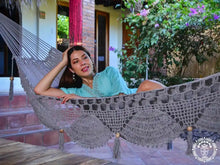 Grey Mombacho XL handwoven cotton hammock with decorative macramé fringe