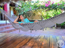 Grey Mombacho XL handwoven cotton hammock with decorative macramé fringe