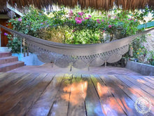 Grey Mombacho XL handwoven cotton hammock with decorative macramé fringe
