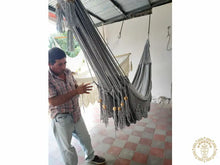 Grey Mombacho XL handwoven cotton hammock with decorative macramé fringe