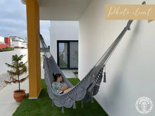 Grey Mombacho XL handwoven cotton hammock with decorative macramé fringe