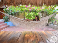 XL Deluxe Momotombo ecru cotton hammock with handmade crochet fringe