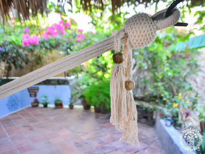 XL Deluxe Momotombo ecru cotton hammock with handmade crochet fringe