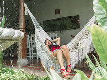 XL Deluxe Momotombo ecru cotton hammock with handmade crochet fringe