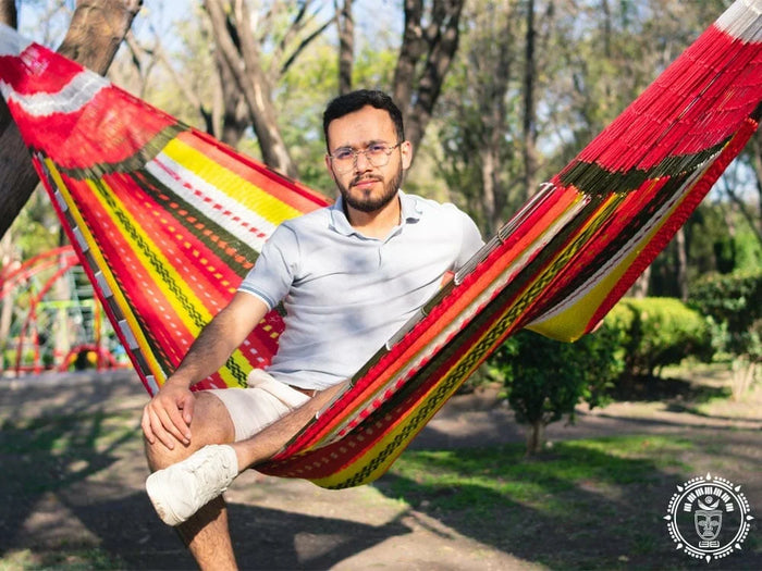 Maya XXL Chile Mexican nylon mesh hammock with colorful handwoven design