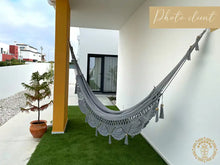 Grey Mombacho XL handwoven cotton hammock with decorative macramé fringe