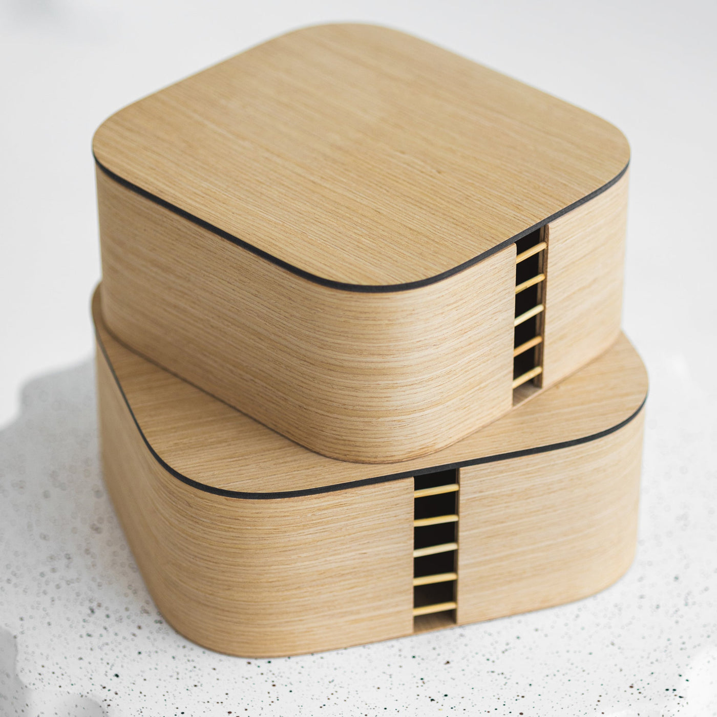 Set of two natural oak wooden storage boxes with lids for home organisation