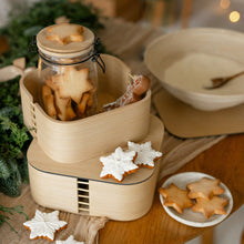 Set of two natural oak wooden storage boxes with lids for home organisation