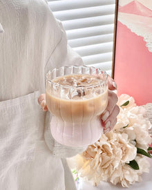 Striped glass tumbler for coffee, water, and iced drinks
