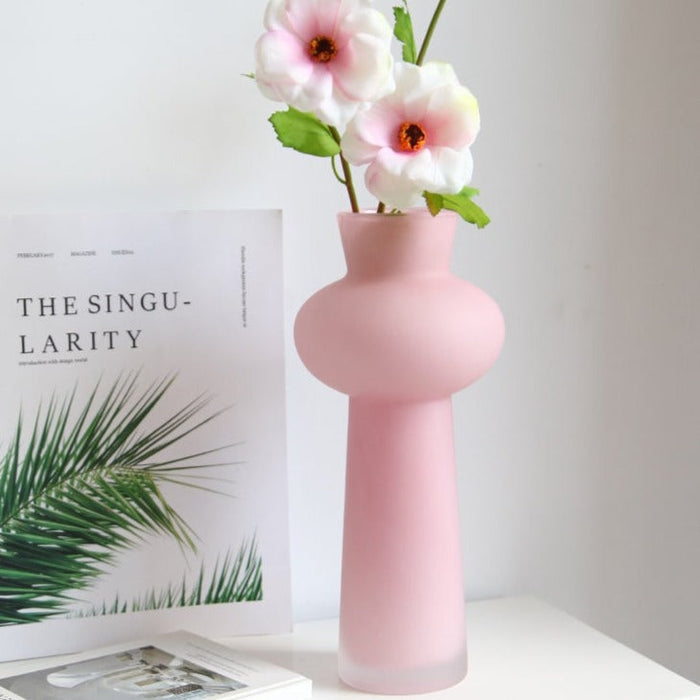 Pink tall glass flower vase with shiny finish for home decor