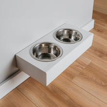 Oak wall-mounted elevated pet bowl stand with two stainless steel bowls