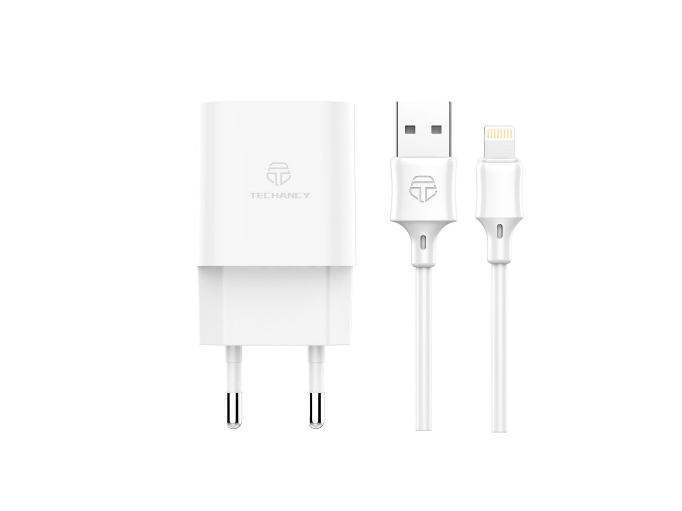 Fehér Techancy TA2790 fali töltő két USB-porttal és Lightning kábellel