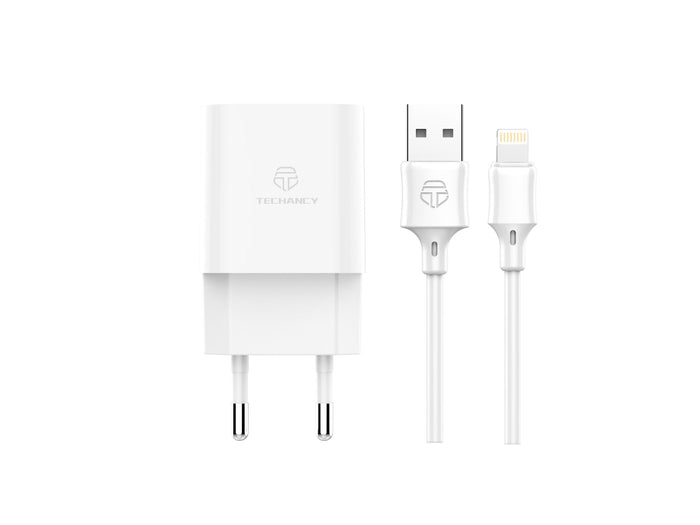 Fehér Techancy TA2790 fali töltő két USB-porttal és Lightning kábellel