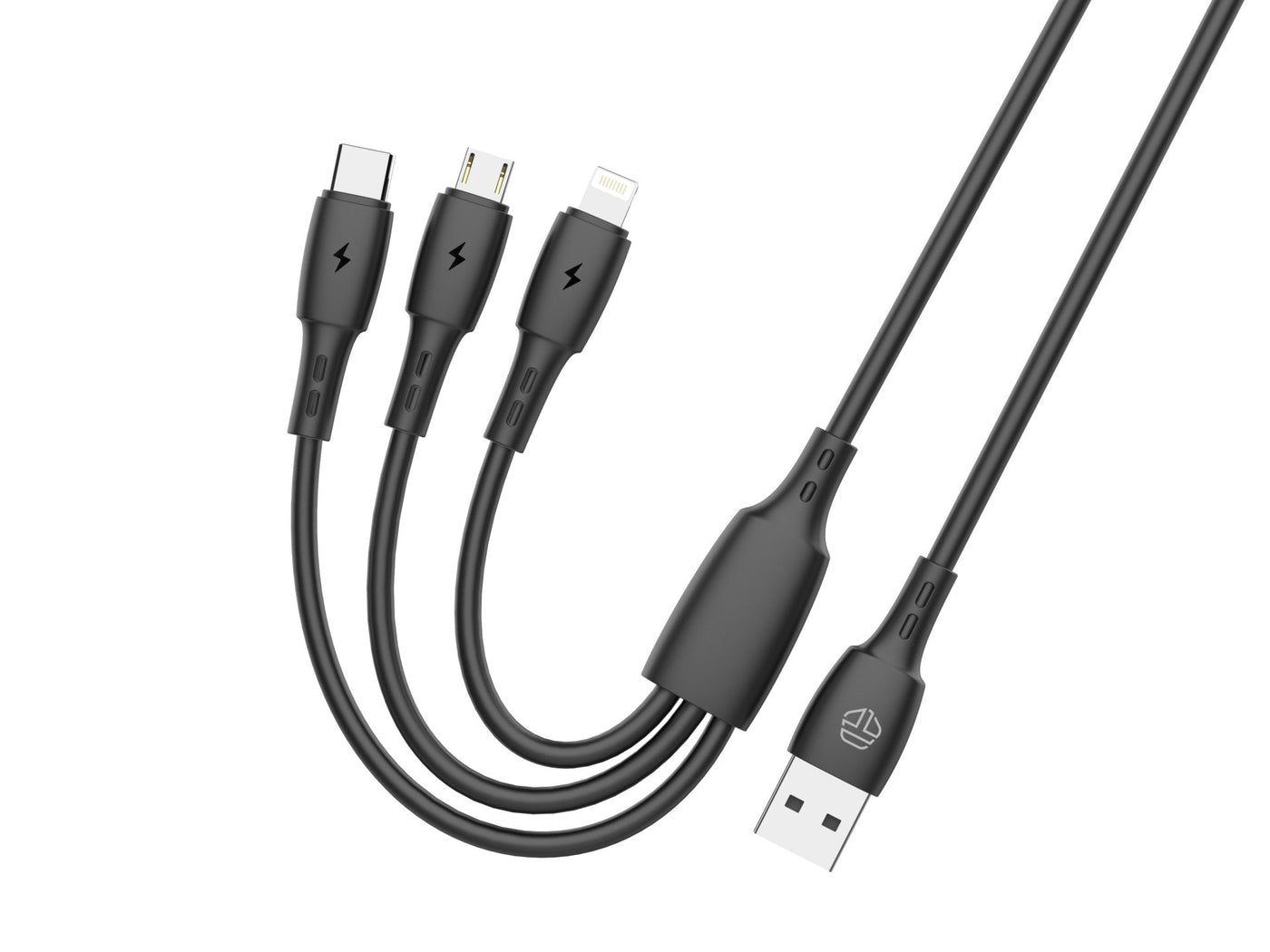 Fekete Techancy 3 az 1-ben USB-kábel USB-C, Micro USB és Lightning csatlakozóval