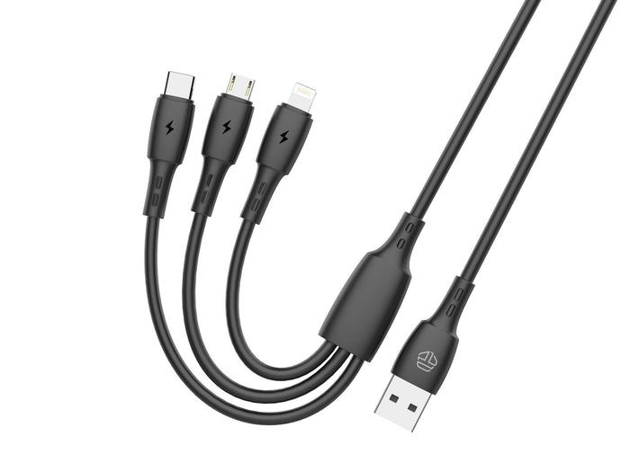 Fekete Techancy 3 az 1-ben USB-kábel USB-C, Micro USB és Lightning csatlakozóval