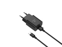 Fekete Techancy fali töltő két USB-porttal és USB-C kábellel