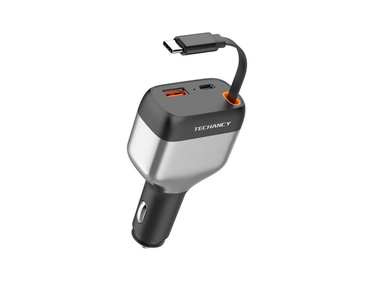 Carregador de Isqueiro para Carro Techancy TC6516, 84W PD, 3 Portas, Cabo USB-C Retratil de 80cm, USB-A, Preto e Prateado-0