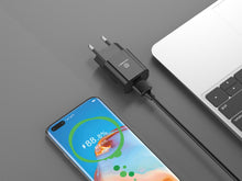 Fekete Techancy fali töltő két USB-porttal és USB-C kábellel