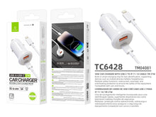 Fehér Techancy TC6428 autós töltő USB-A és USB-C porttal
