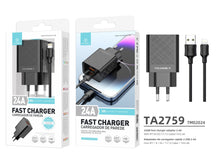 Fekete Techancy dupla USB-A töltő kábelkészlettel