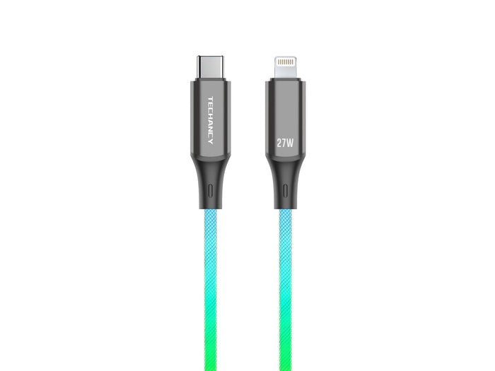Fekete Techancy USB-C–Lightning kábel RGB világítással