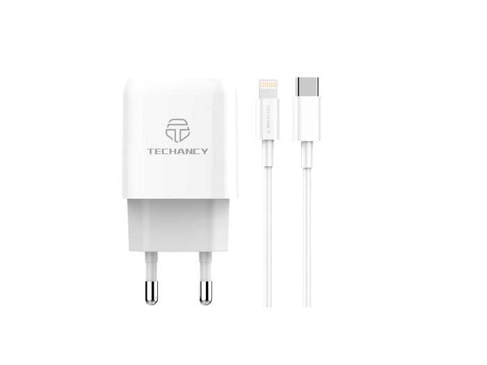 Fehér Techancy TA2801 hálózati gyorstöltő USB-C–Lightning kábellel
