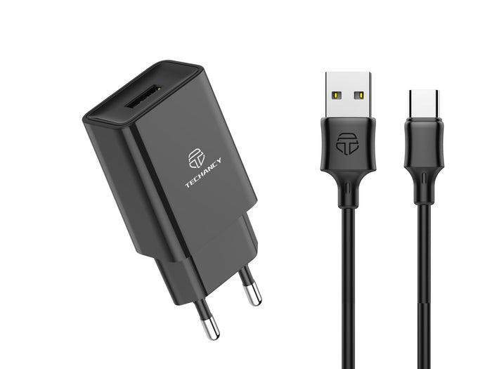 Fekete Techancy TA2788 USB-A hálózati töltő USB-C kábellel