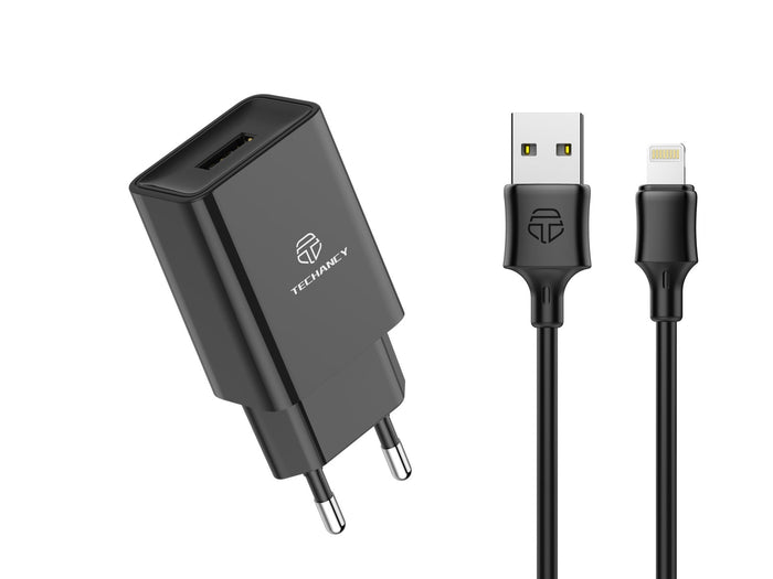 Fekete Techancy TA2787 USB-A fali töltő kábelkészlettel