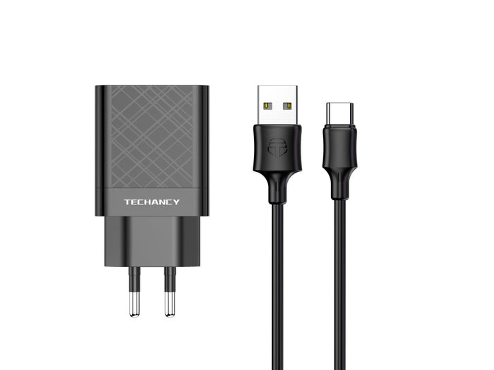 Fekete Techancy USB töltő Type-C kábellel