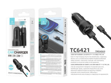 Fekete Techancy autós töltő két USB-porttal és iP kábellel