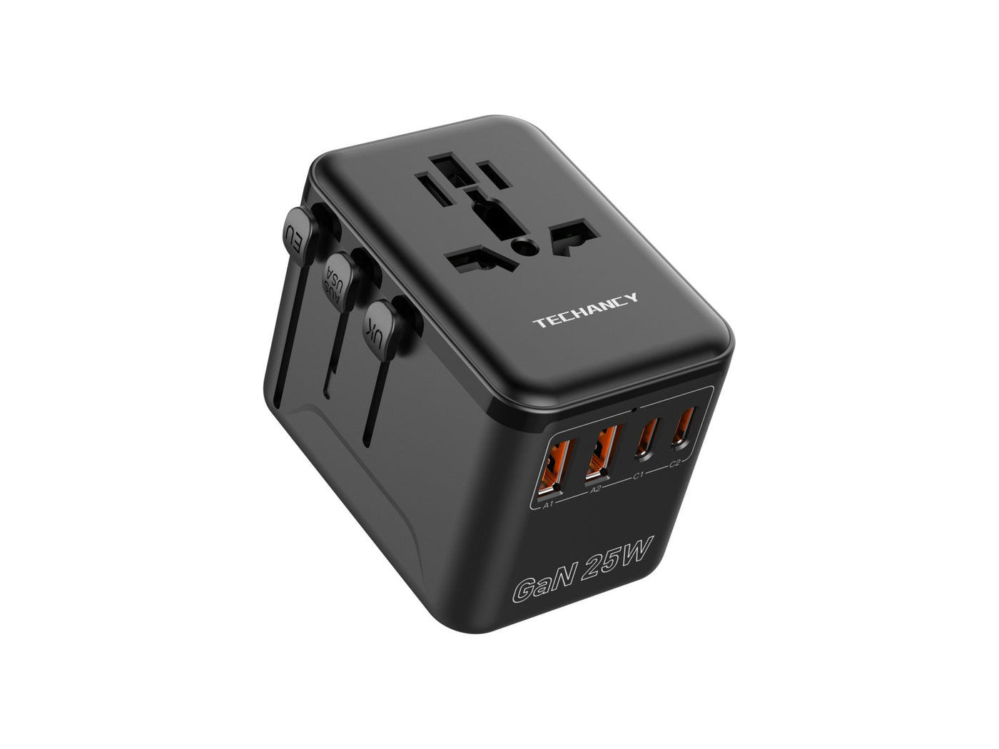 Fekete Techancy univerzális utazóadapter USB-C portokkal