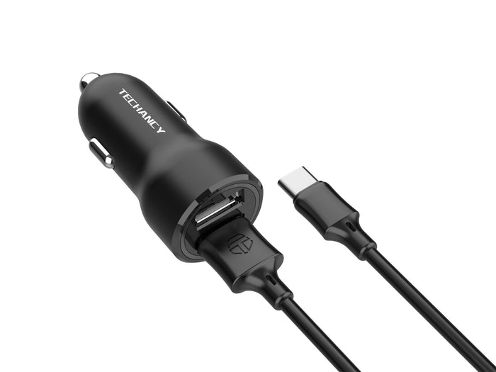 Techancy Carregador de Carro 2USB 2.4A com Cabo Type-C/1M TC6422 Preto , Carregamento Rápido, Proteção Múltipla-0