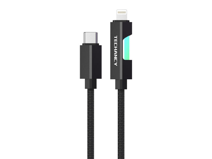 Fekete Techancy USB-C–Lightning kábel RGB világítással