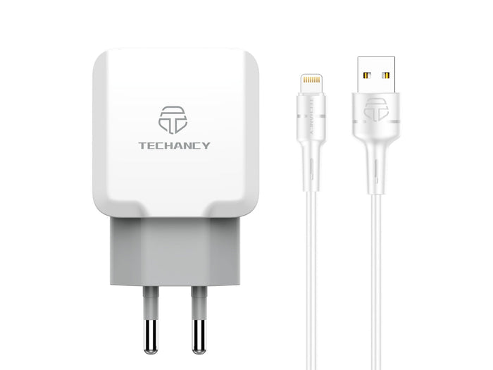 Fehér Techancy dupla USB-A fali töltő Lightning kábellel